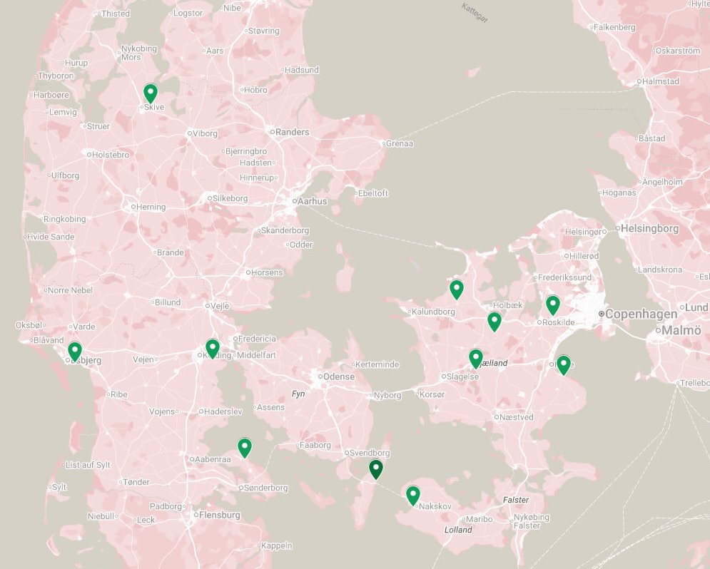 Denmark with locations of sampling