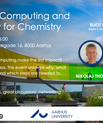 Invitation graphic for Quantum Computing and the Affinity for Chemistry, an event on 7 May 2026 at Villa Post in Aarhus. The graphic includes event details, a short description of the focus on chemistry as an early application area for quantum computing, portraits of Eliot Kapit, Ove Christiansen and Nikolaj Thomas Zinner, and the organisers’ logos.