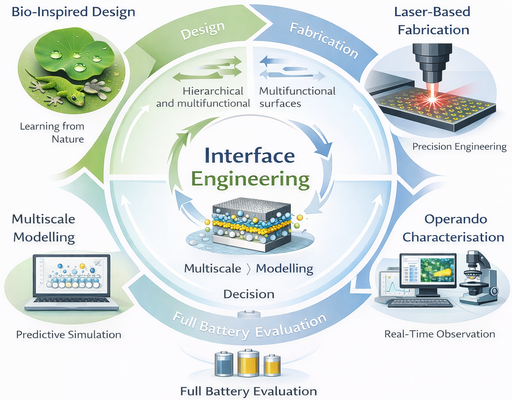 Diagram showing the LESIA workflow as a circular process linking bio-inspired design, laser fabrication, operando characterisation, multiscale modelling, and full battery evaluation around the central concept of interface engineering.