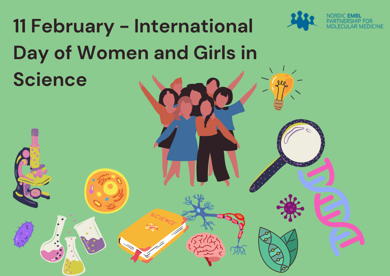 Illustration for International Day of Women and Girls in Science. Created by Nóra Lehotai in Canva.