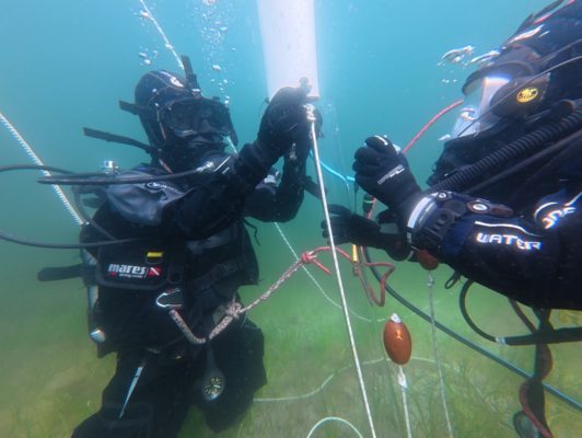 Underwater photo of archaeological divers