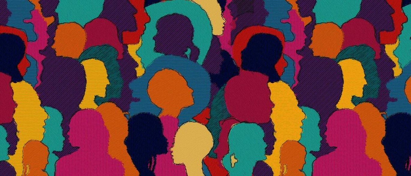 A cartoon image of many people in different colors
