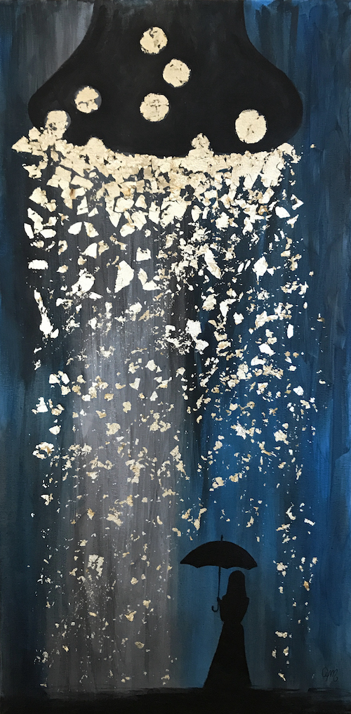 An acrylic painting on canvas and gold leaf of a rain shower with a person holding an umbrella