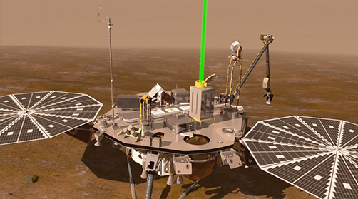 Drawing of the Phoenix lander showing the Telltale on top of the Meteorology mast. Picture of the Telltale delivered to NASA
