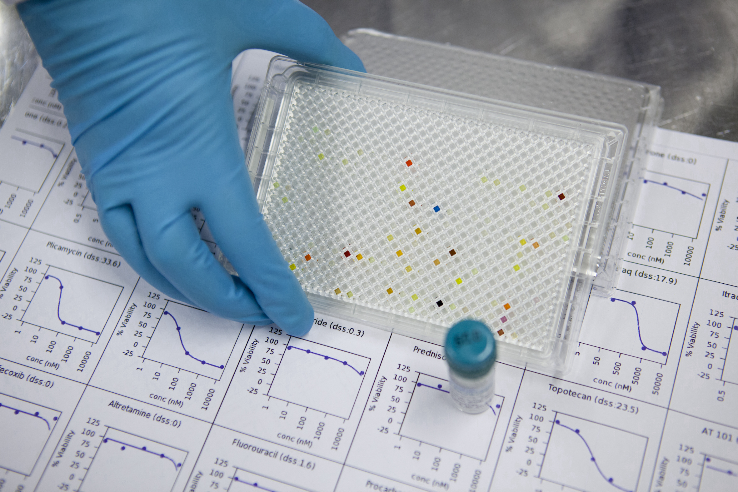 Plastic plate held by a gloved hand on top of experimental data from drug testing