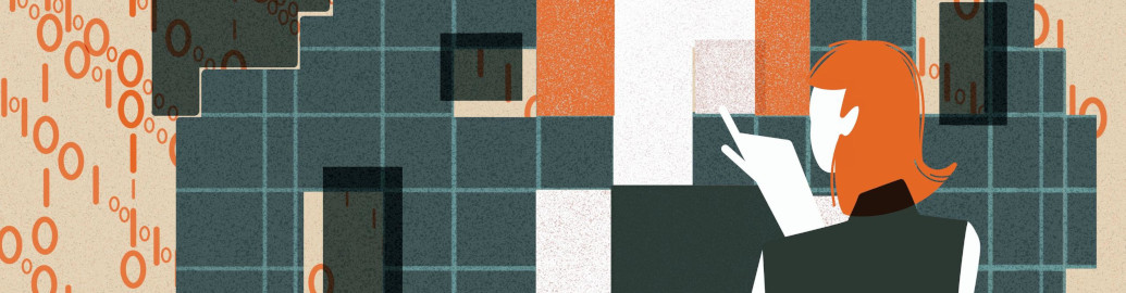 This image shows an individual with orange hair interacting with a large, abstract digital mirrored structure. The structure is composed of squares in varying shades of green, orange, white, and black which are pieced together to reflect the individual’s figure. The figure's hand is extended as if pointing to or interacting with the mirrored structure. Behind the  structure are streams of binary code (0s and 1s) in orange, flowing towards the digital grid.